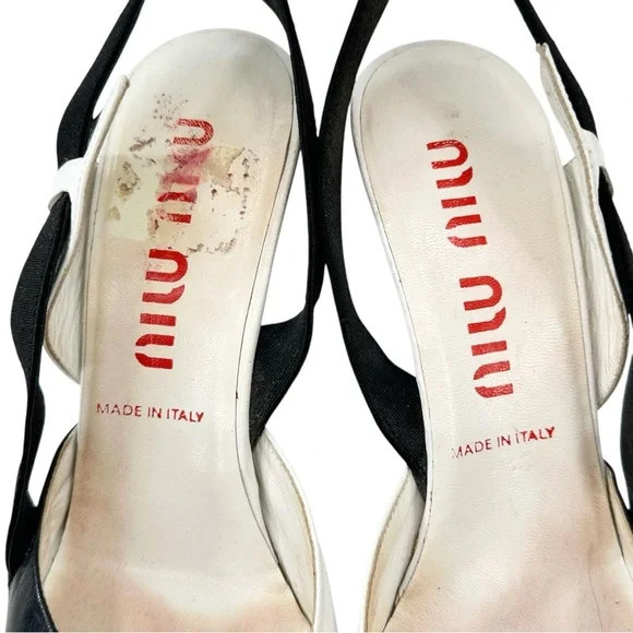 Vintage Miu Miu Black & White Leather 3.25" Slingback Pumps sz 37.5 - Picture 4 of 11